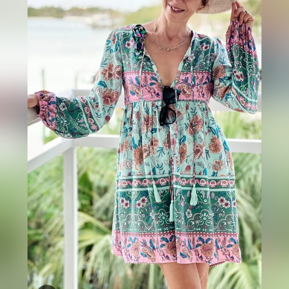 R.Vivimos Long Sleeve Floral Boho Dress Sz. L